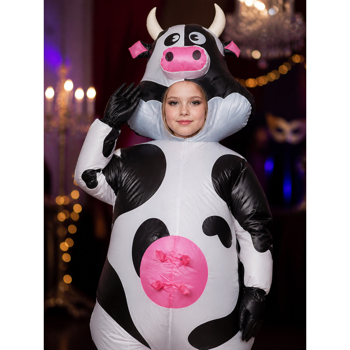 Kids Inflatable Cow Costume Bodysuit with Horned Hood, Black and White Spotted on-model view