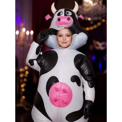 Kids Inflatable Cow Costume Bodysuit with Horned Hood, Black and White Spotted on-model view