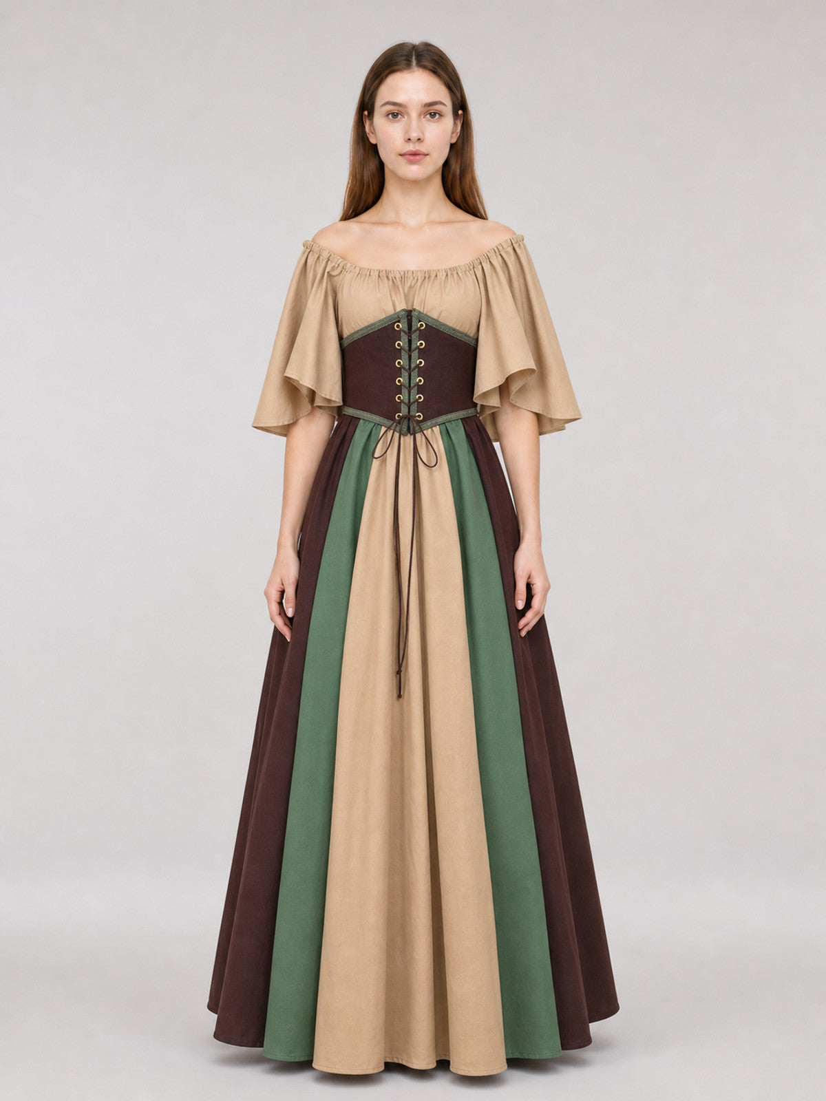 Medieval Dress with Corset Lacing and Ruffles front view