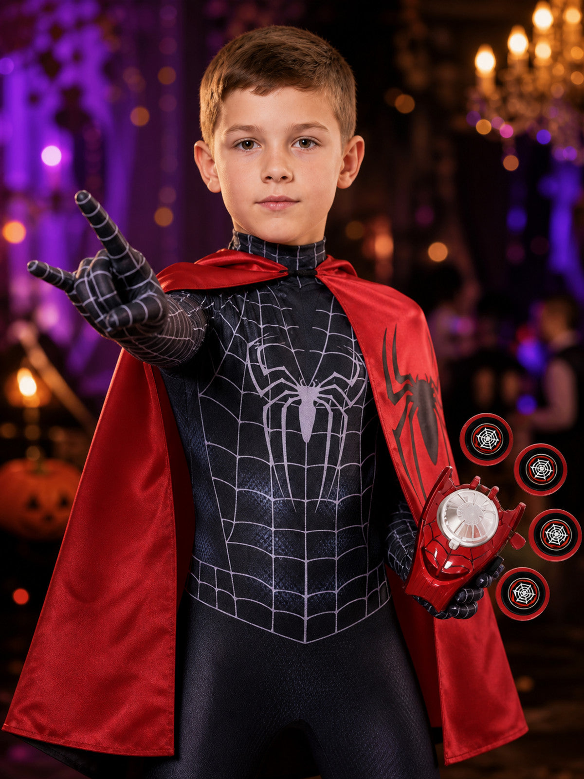 Black Spider-Man Kids' Jumpsuit Costume With Mask, Cape And Web Shooter on-model view