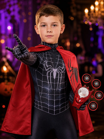 Black Spider-Man Kids' Jumpsuit Costume With Mask, Cape And Web Shooter on-model view