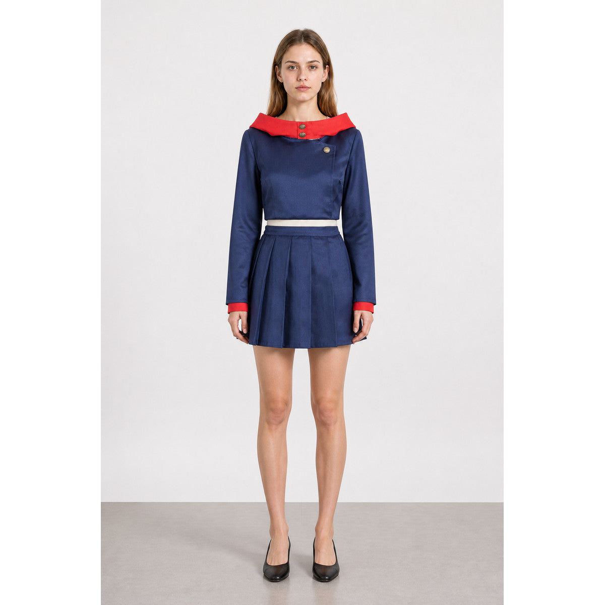 Anime cosplay costume with a pleated skirt, blue and red main product view
