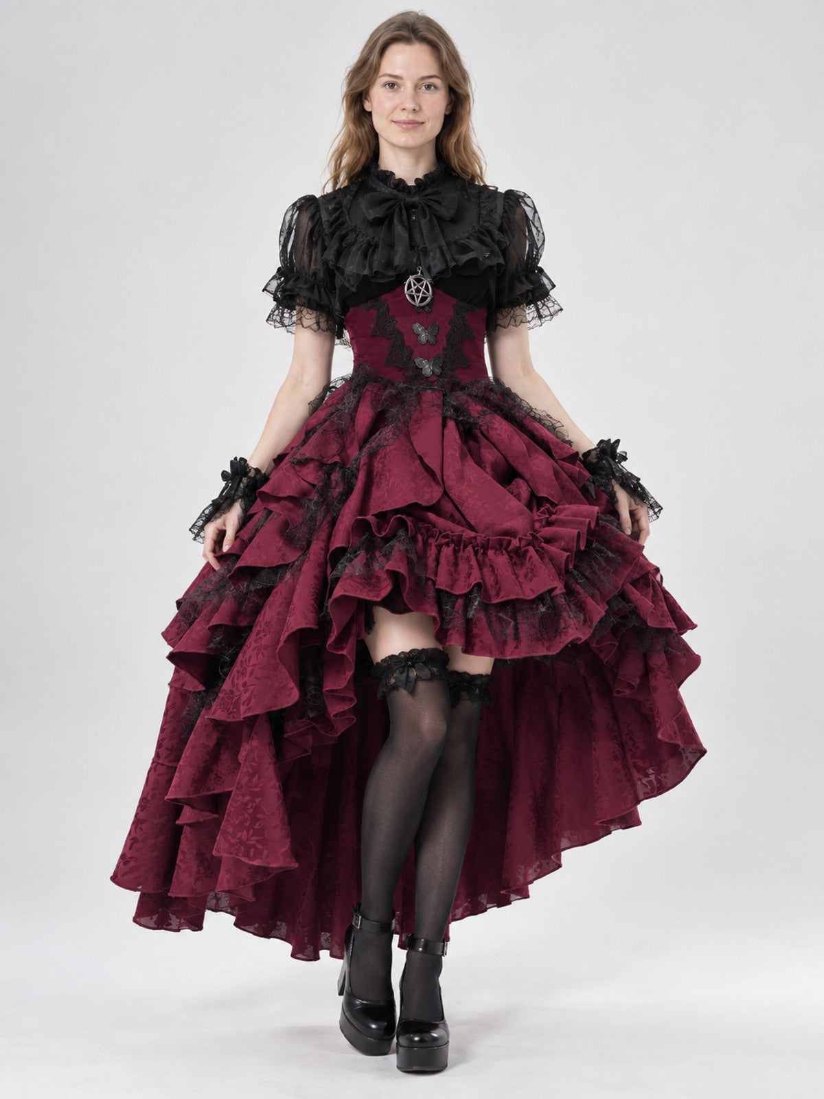 Gothic Lolita Style Costume, Dark Burgundy with Lace