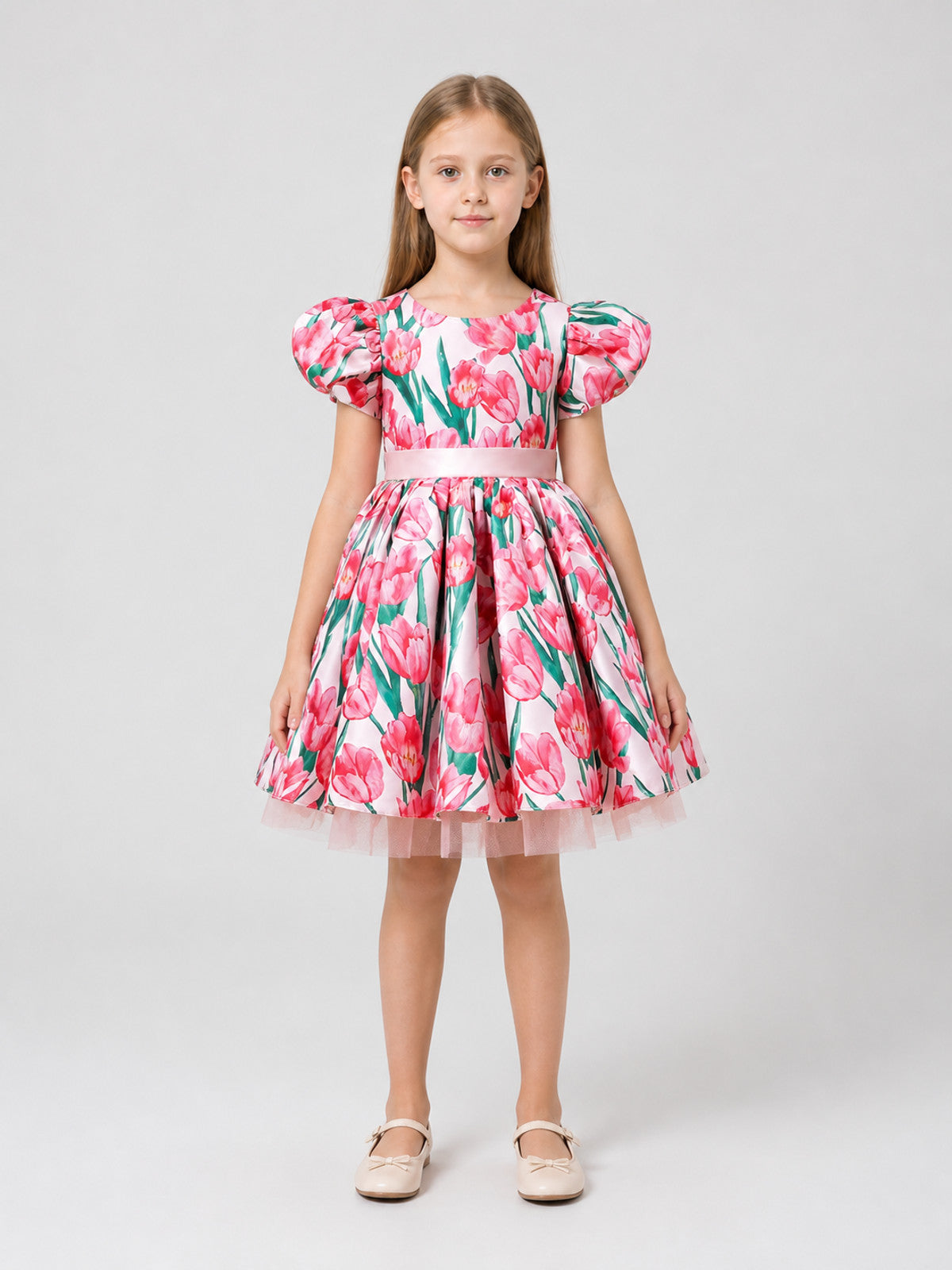 Girls' Tutu Dress with Puff Sleeves and Tulips on-model view