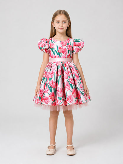 Girls' Tutu Dress with Puff Sleeves and Tulips on-model view
