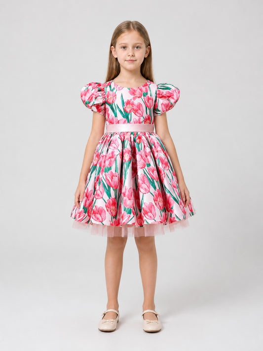 Girls' Tutu Dress with Puff Sleeves and Tulips on-model view
