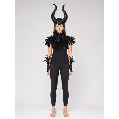 Black horned headpiece with glossy curved horns, shown on a full-body model with a black feather collar and matching wrist pieces