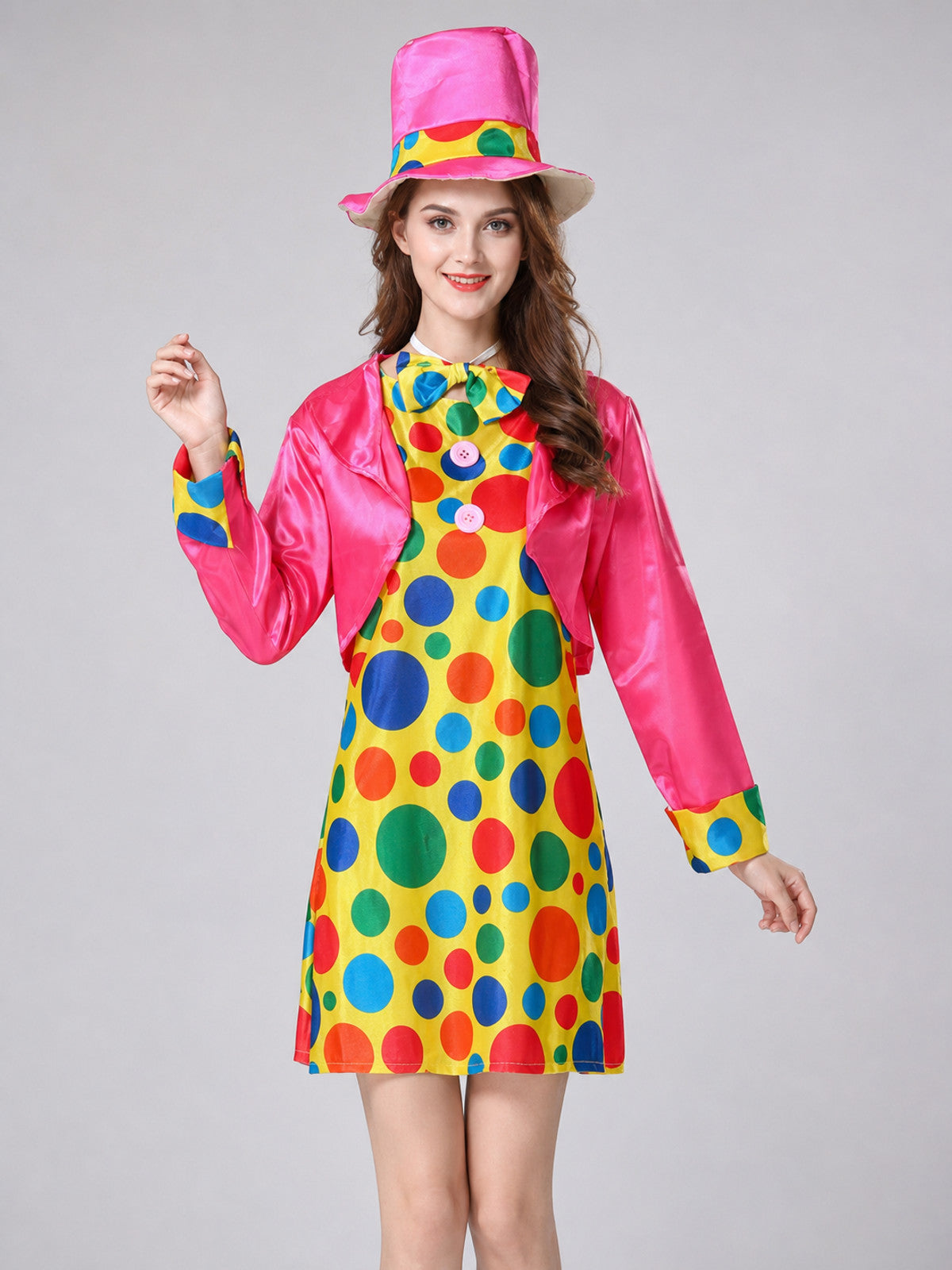Masquerade Clown Costume with Jacket, Dress, and Hat on-model view