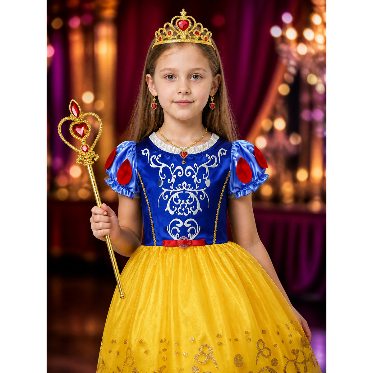 Girls Princess Halloween Costume Set, Blue and Yellow Tutu Dress with Crown on-model view