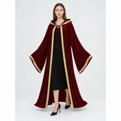 Burgundy Velvet Hooded Robe with Bell Sleeves & Gold Trim – Medieval Wizard Cloak Costume