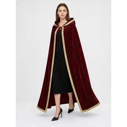 Burgundy Hooded Costume Cloak, Velvety Texture front view