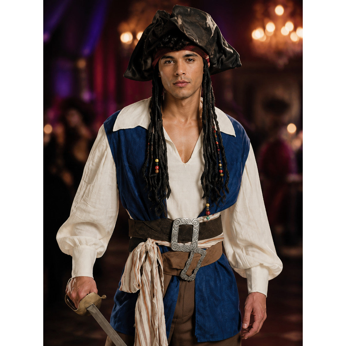 Men's Pirate Captain Costume Set with Vest, Shirt, Pants, Hat & Sword on-model view