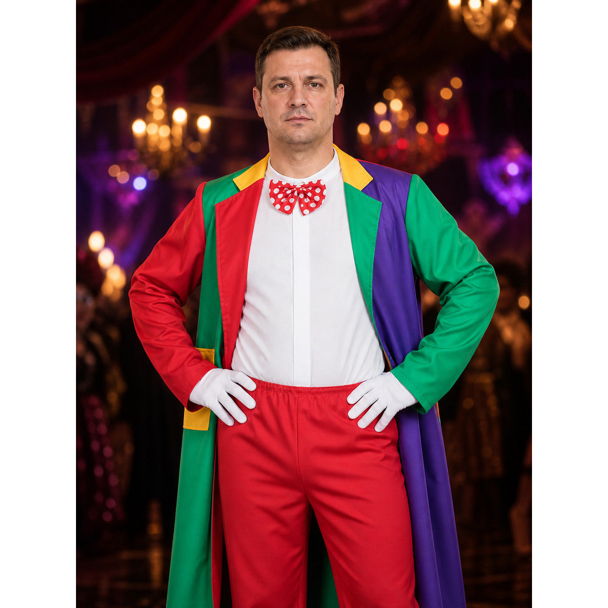 Unisex Halloween Clown Costume Set with Multi-Color Patchwork Robe, Vest, and on-model view