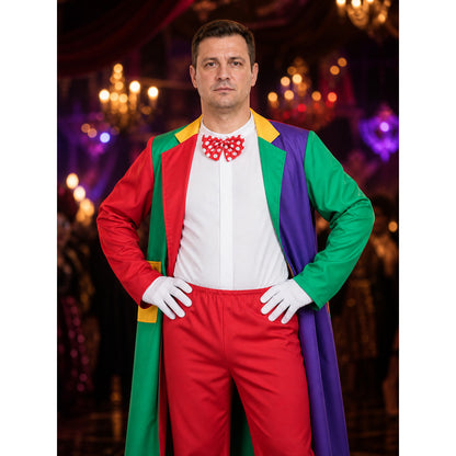 Unisex Halloween Clown Costume Set with Multi-Color Patchwork Robe, Vest, and on-model view