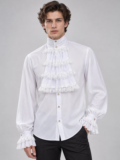 White shirt with a jabot, ruffles and a high collar