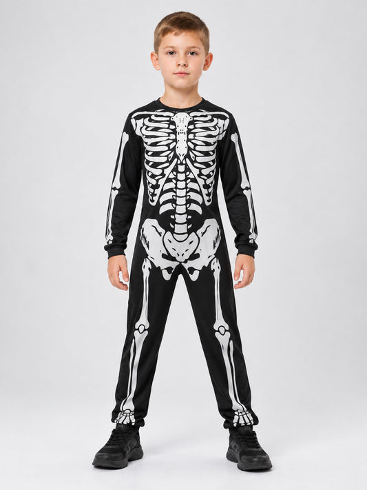 Kids' Skeleton Halloween Costume Black with White Print