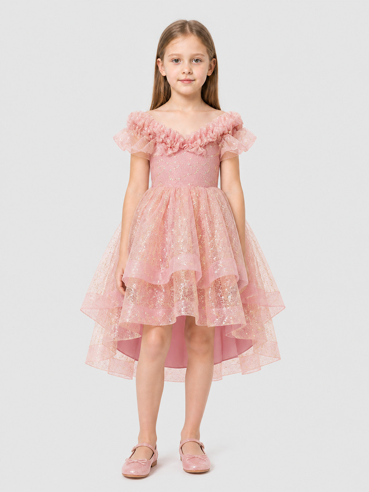 Sequin Princess Dress with Full Skirt and Ruffles on-model view