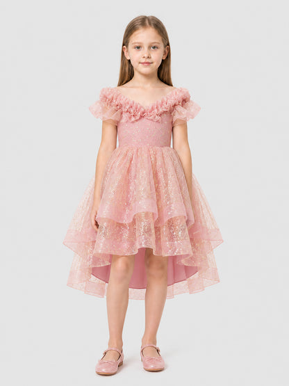 Sequin Princess Dress with Full Skirt and Ruffles on-model view