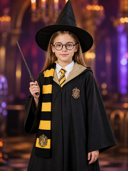 Black Wizard Costume Set With Hooded Robe, Hat, Scarf, Tie, Glasses And Wand on-model view