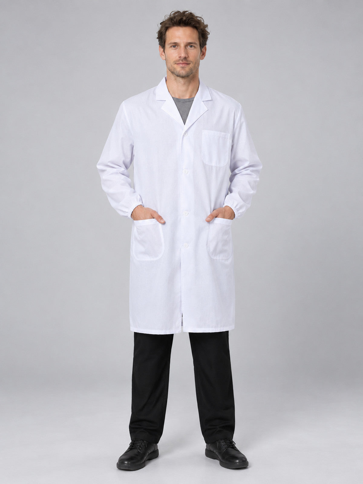 White medical coat with collar and long sleeves