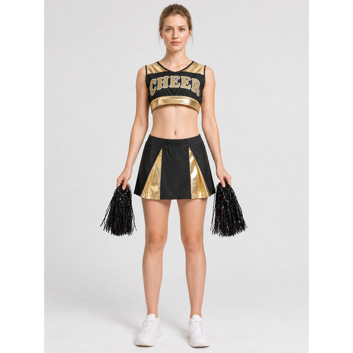 Cheerleading Uniform with Top and Skirt, Black and Gold on-model view