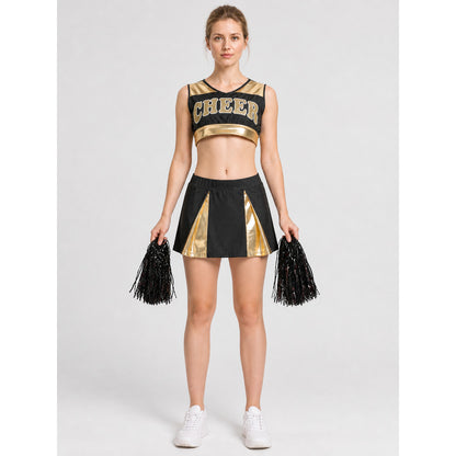 Cheerleading Uniform with Top and Skirt, Black and Gold on-model view