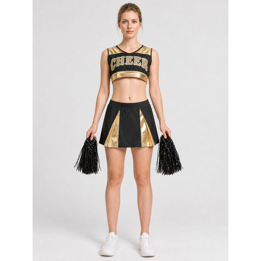 Cheerleading Uniform with Top and Skirt, Black and Gold on-model view