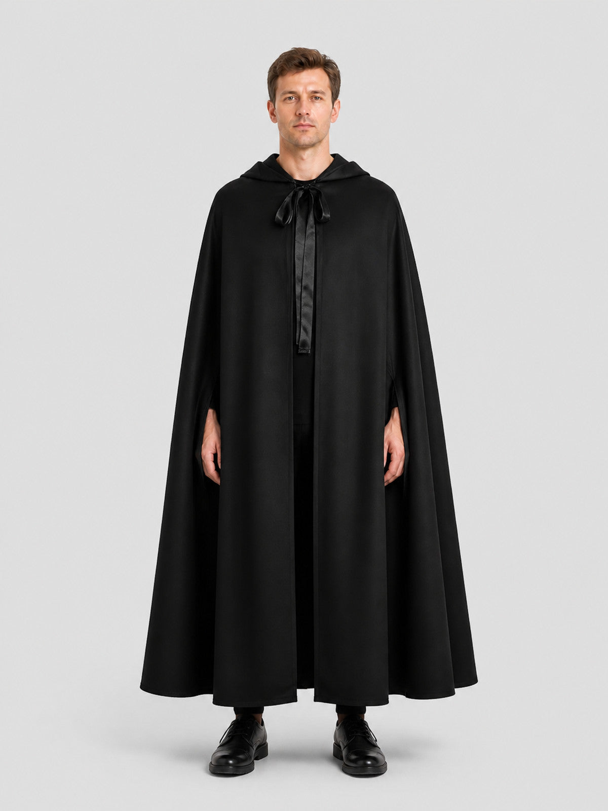 Long Black Hooded Cosplay Cape on-model view