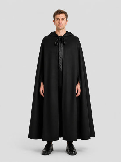 Long Black Hooded Cosplay Cape on-model view