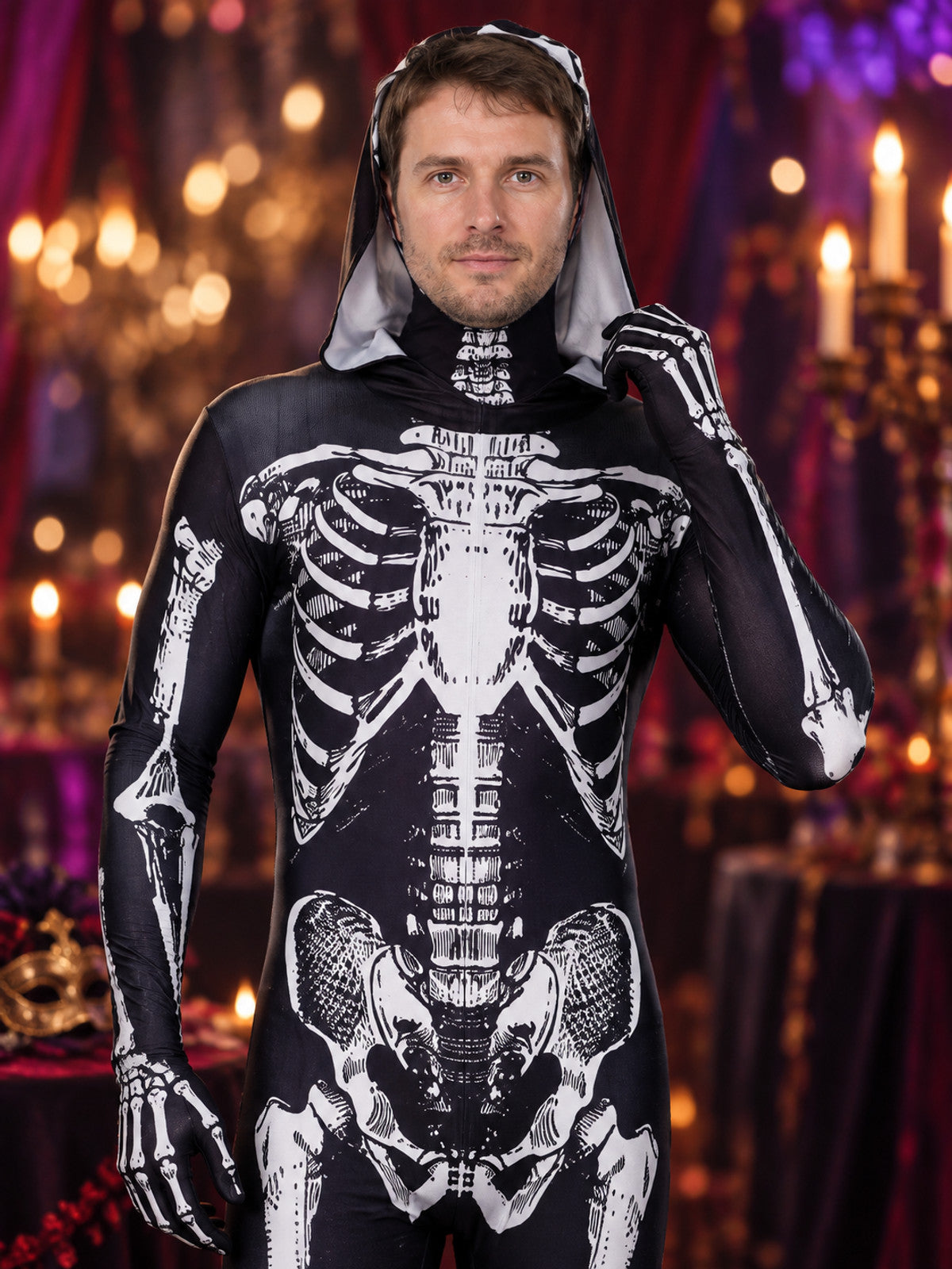 Black and White Skeleton Costume Hooded Jumpsuit with Print