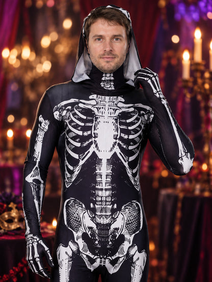 Black and White Skeleton Costume Hooded Jumpsuit with Print