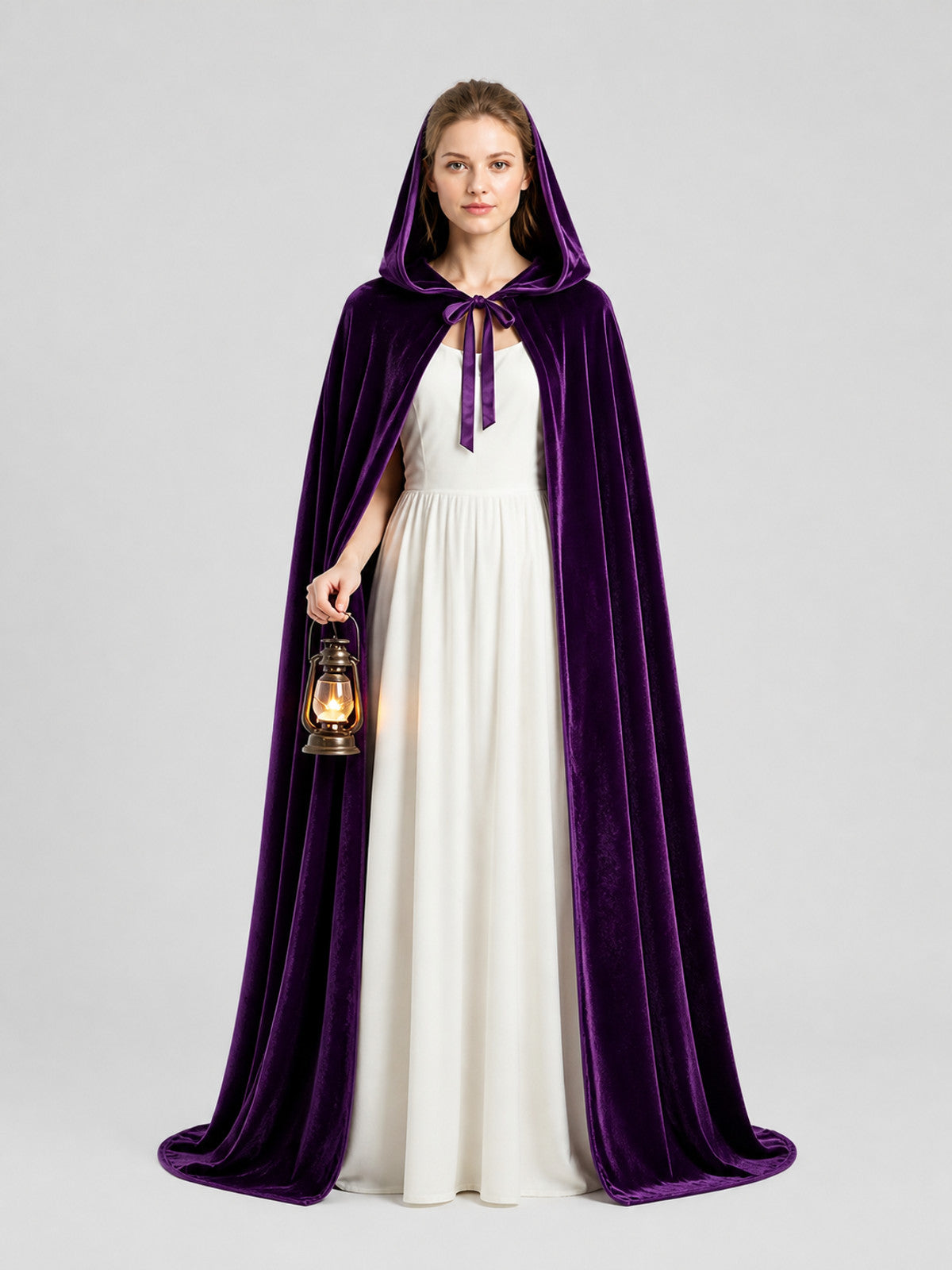 Long Purple Hooded Cape for Cosplay on-model view
