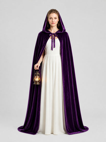 Long Purple Hooded Cape for Cosplay on-model view