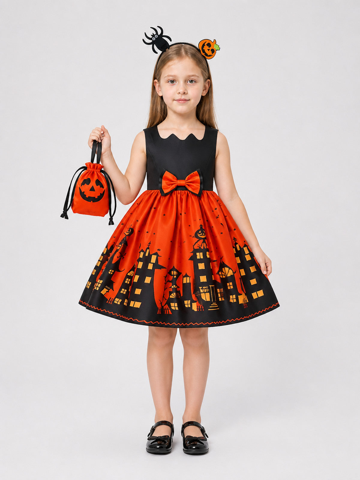 Children’s Halloween Dress, A-Line, with Bag and Headband on-model view