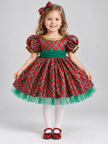 Festive Plaid Dress with Fluffy Skirt and Bow