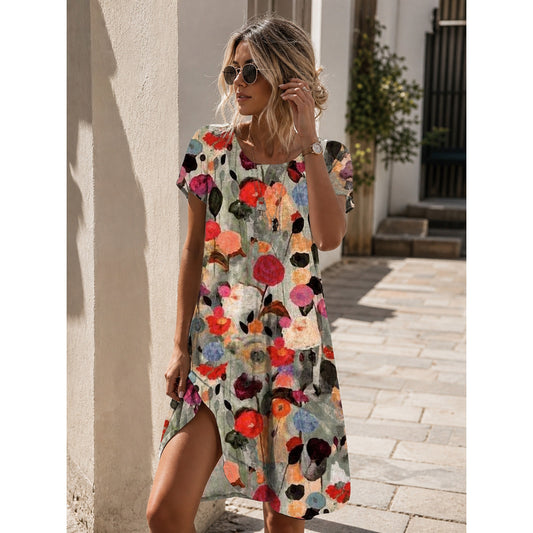 Women's Dress with a Round Neck and Floral Print