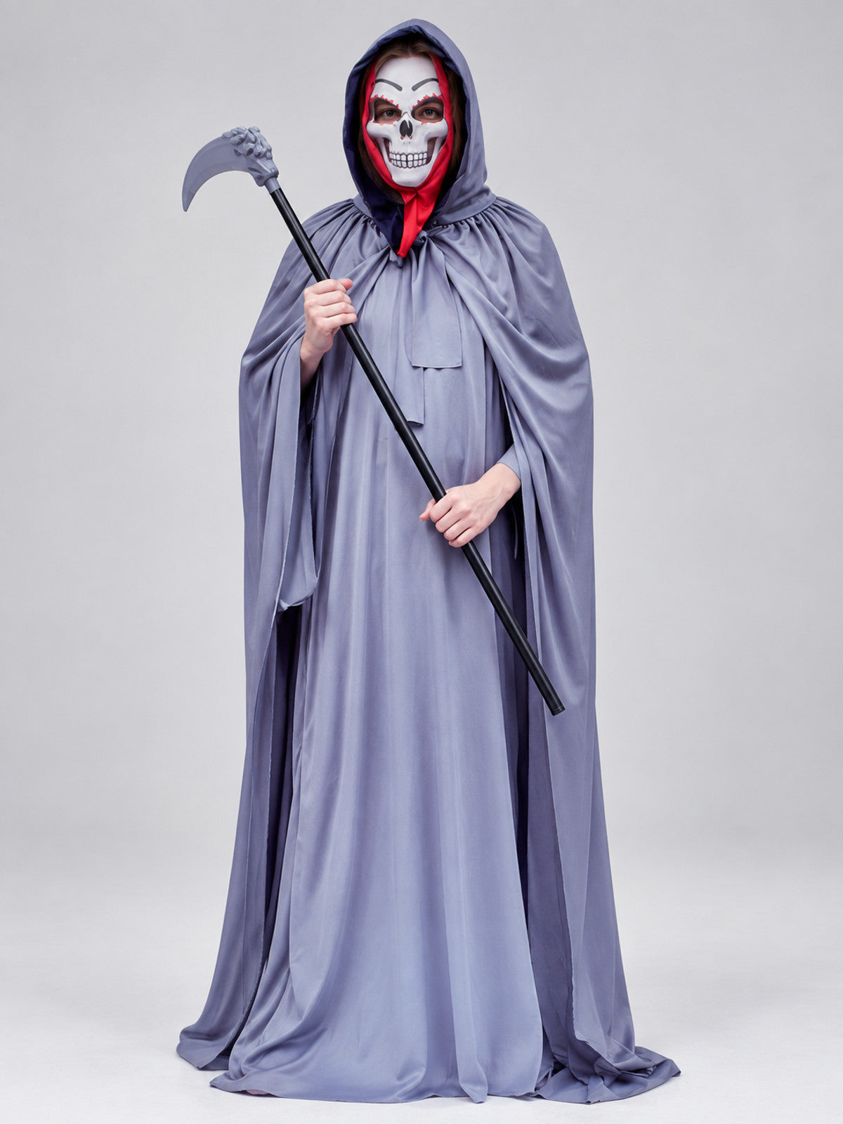 Gray-Purple Death Costume with Cape, Mask, and Scythe