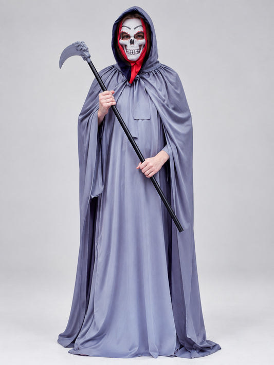 Gray-Purple Death Costume with Cape, Mask, and Scythe