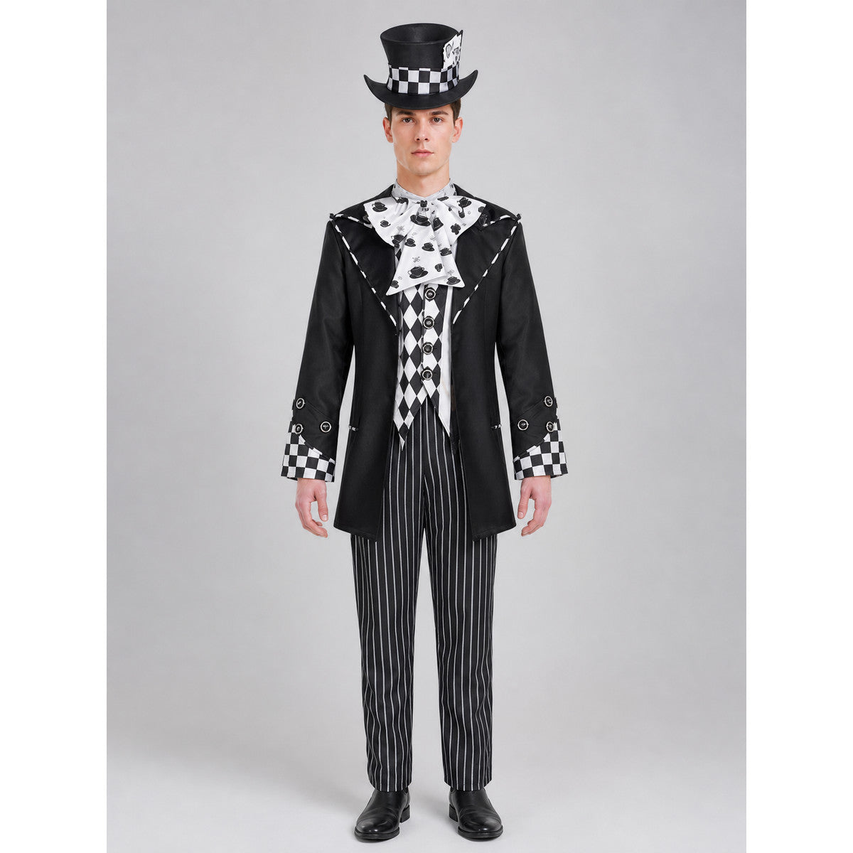 Black and white magician costume with checkered top hat, long black coat, harlequin diamond vest and pinstripe pants, front view