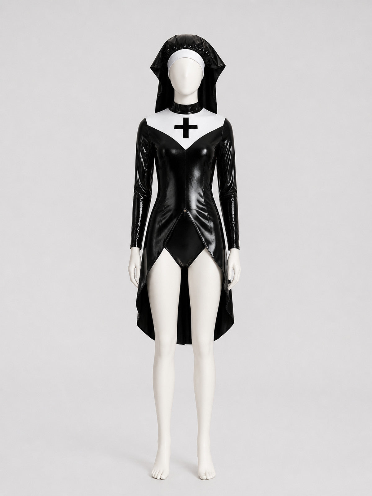 Hooded Cosplay Costume with Cross, Black and White on-model view