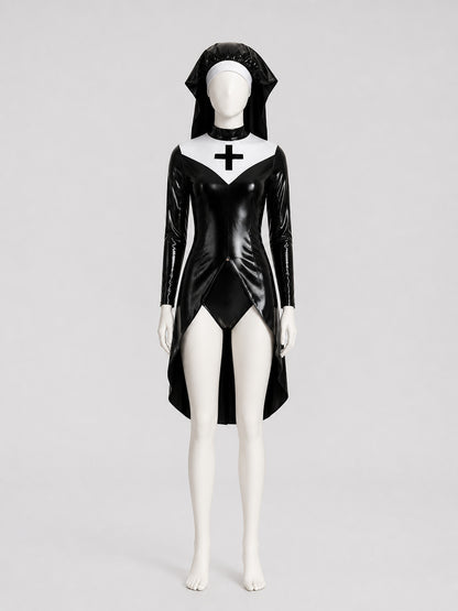 Hooded Cosplay Costume with Cross, Black and White on-model view