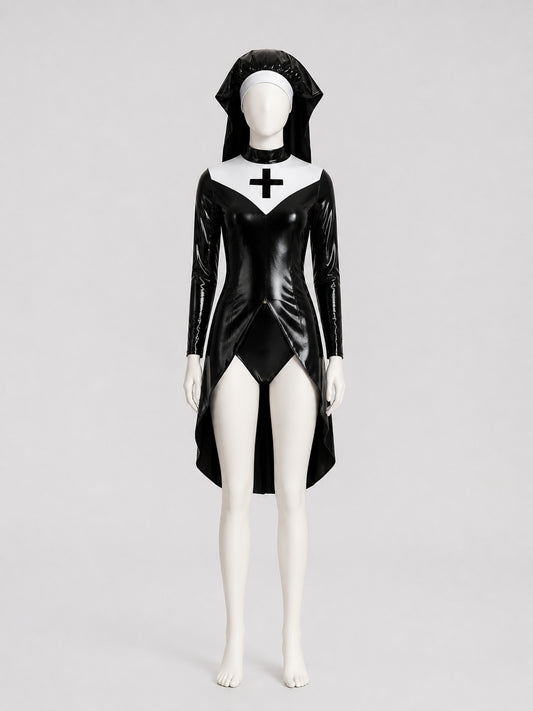 Hooded Cosplay Costume with Cross, Black and White on-model view