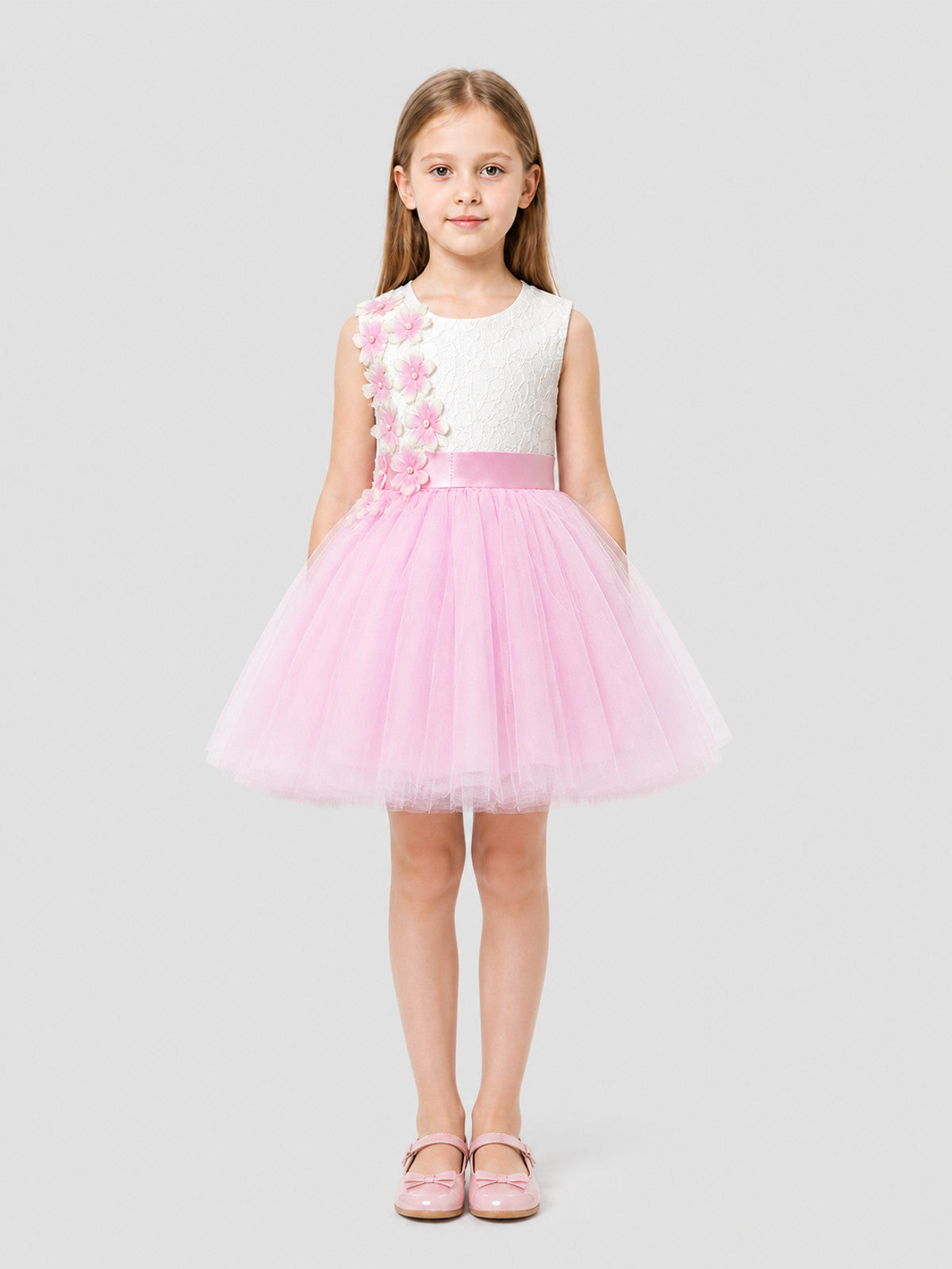 White and Pink Princess Dress with Lace and Full Skirt