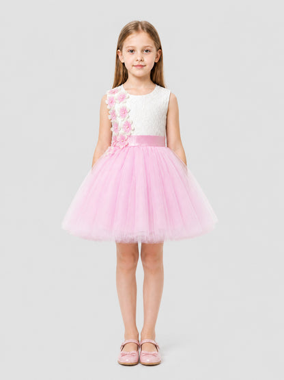 White and Pink Princess Dress with Lace and Full Skirt
