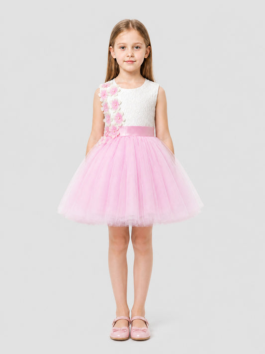 White and Pink Princess Dress with Lace and Full Skirt on-model view