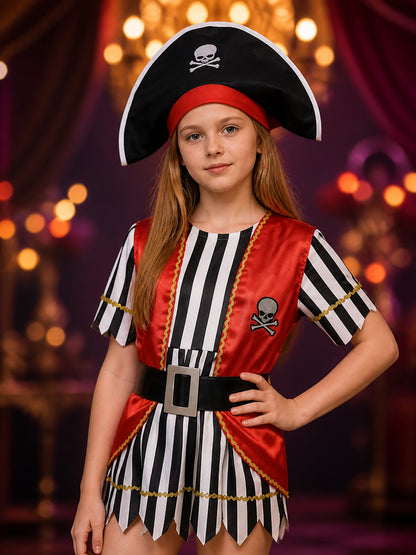 Kids Pirate Costume Set, Red Vest with Skull Print, Striped Jersey and Hat for on-model view