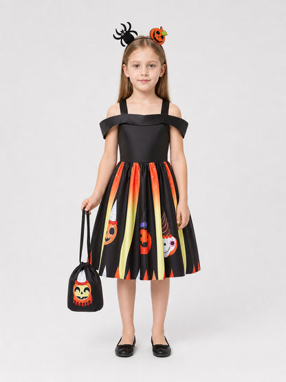 Children's Halloween Dress with a Full Skirt and Headband on-model view