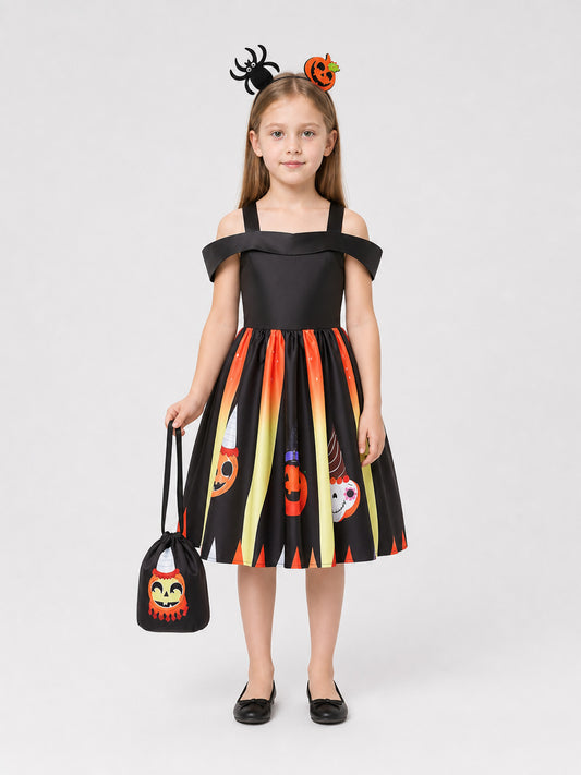Children's Halloween Dress with a Full Skirt and Headband on-model view