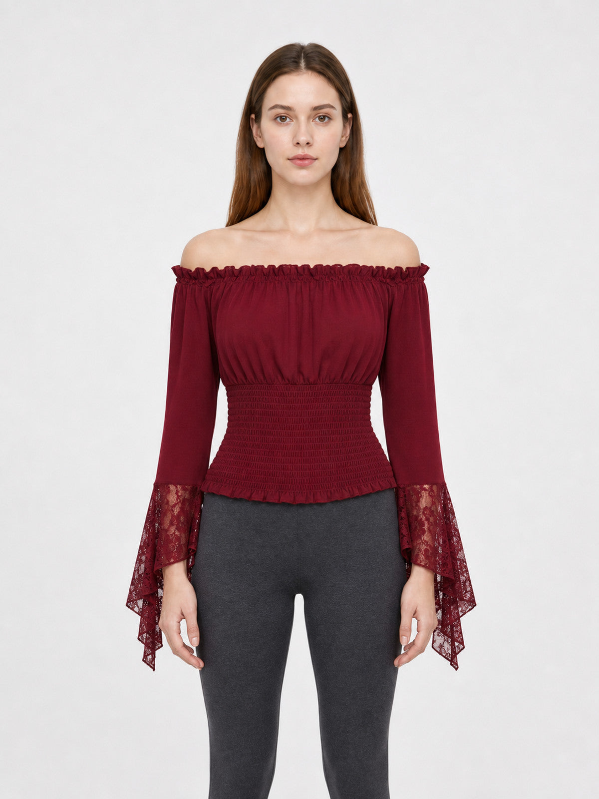 Off-Shoulder Blouse with Lace Cuffs front view