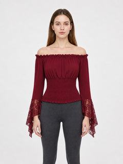 Off-Shoulder Blouse with Lace Cuffs